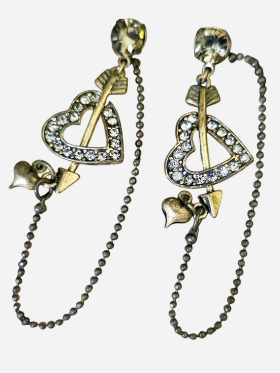 Betsey Johnson Jewelry - Vintage Betsey Johnson Antique Gold Heart Arrow Drop Earrings w/Rhinestones